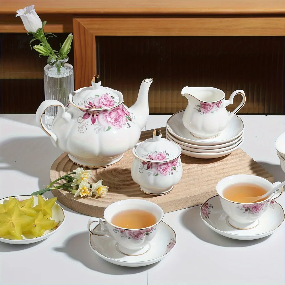 

Sweejar Porcelain Tea Sets, Vintage British Floral Relief Golden Rimmed Teapot Cup And Saucer Set, Tea Set Service for 6