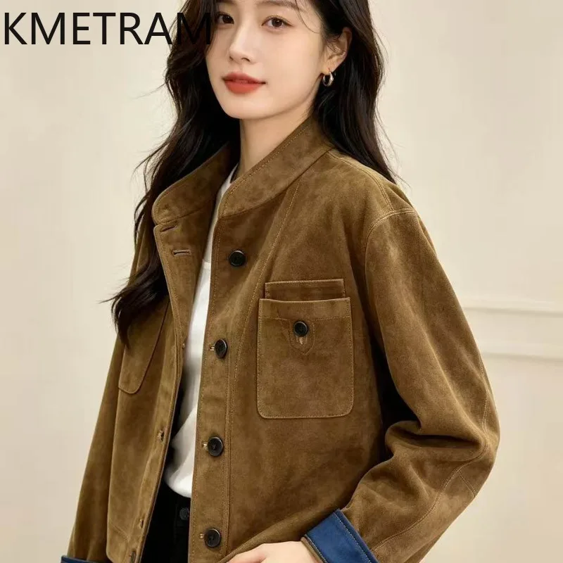 KMETRAM High Quality Goatskin Suede Genuine Leather Jacket Woman Vintage Crop Leather Coats Slim Fit Jackets of Woman Chic 가죽자켓