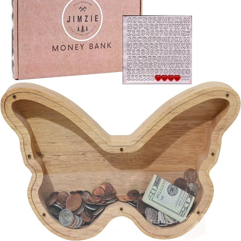 Wooden Butterfly Piggy Bank – Clear Acrylic Butterfly Bank – Includes Letter Stickers - Large Money Bank for Kids and Adults