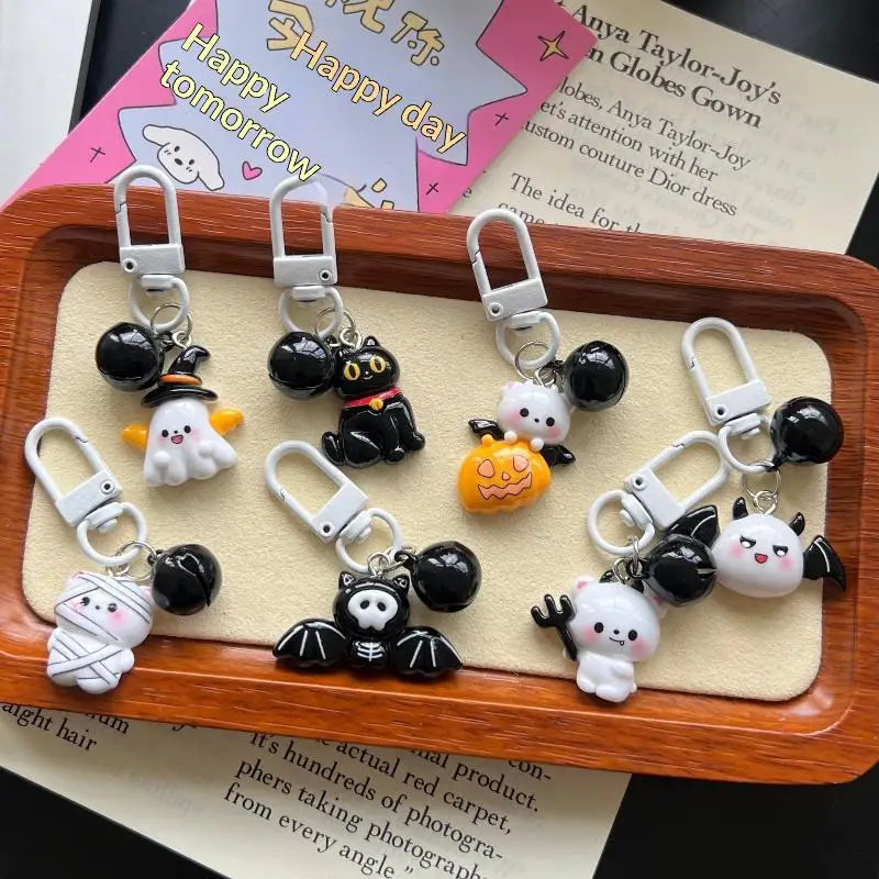 Halloween Ghost Mummy Pendant Resin Keychains with Bell Cartoon Style Durable Bag Decor for Halloween Event Giveaways Kids Gift