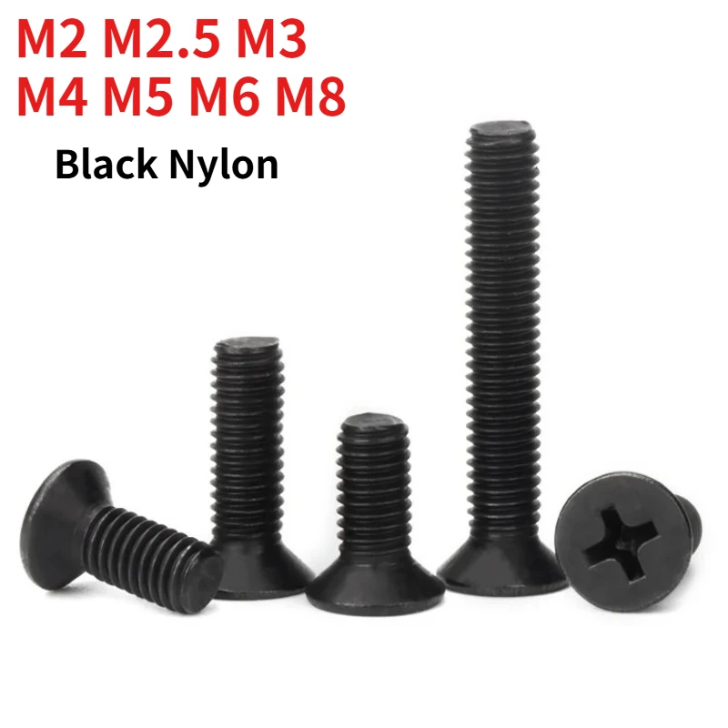 M2 M2.5 M3 M4 M5 M6 M8 Black Nylon Cross Countersunk Head Screw Plastic Flat Head Phillips Machine Screw Insulating Bolt
