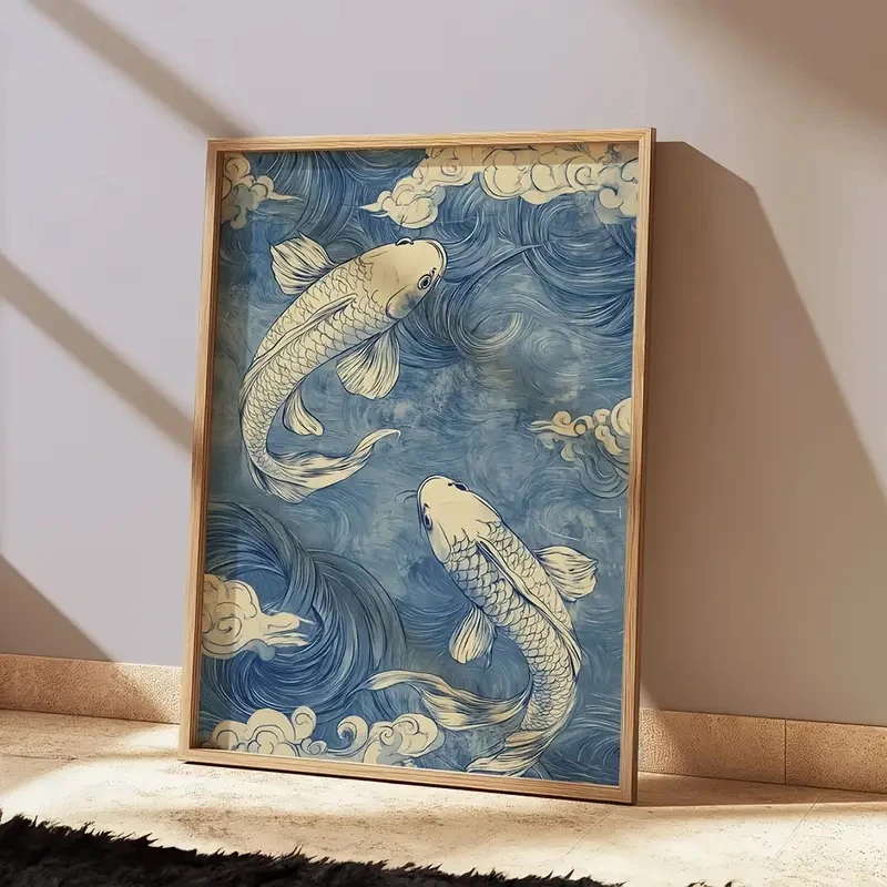 فن قماش كوي الياباني الأزرق القديم، ديكور جداري بسيط، تصميم موجة سحابة، ديكور منزلي جمالي حديث #4