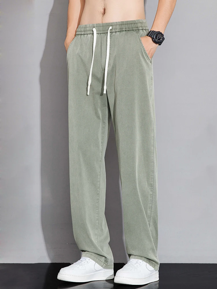 

Тонкие мужские джинсы из мягкой лиоцелловой ткани, прямые широкие брюки с эластичной резинкой на талии, повседневные универсальные мешковатые джинсовые брюки