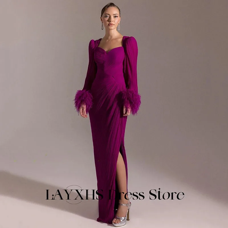 LAYXHS Elegante Paarse Avondjurken Vierkante Hals Lange Mouwen Veren Ruglooze Zijsplit Galajurken Aangepaste فساتadro •Мة