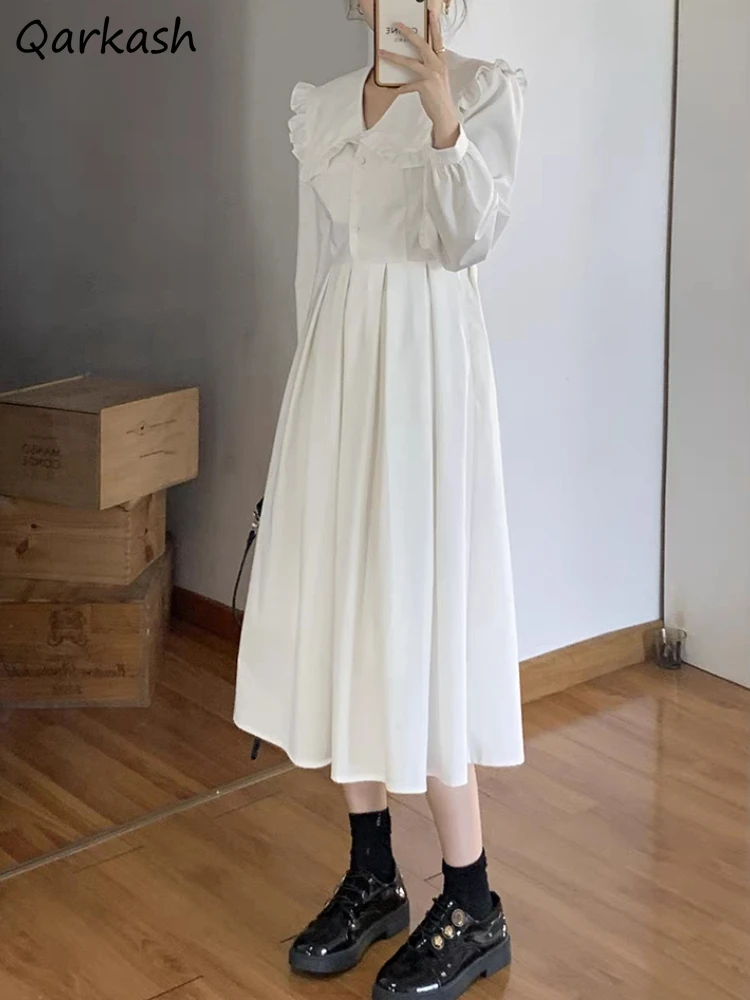 Midi White Dress Women Peter Pan Collar Kawaii Autumn Temper Vintage Baggy Streetwear Vacation Mujer Vestidos Casual Ulzzang New