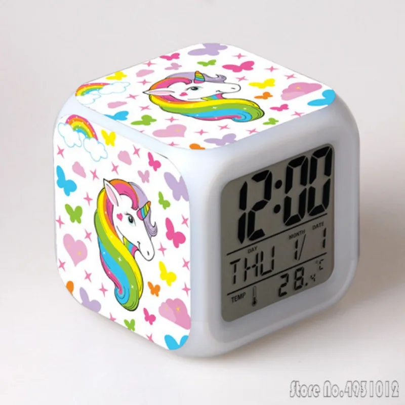 Anime Unicorn Cartoon Alarm Clock Creative Student 8x8x8cm LED Cube with Colorful Light Display Time Week Month