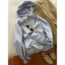 Retro Korean Edition New Striped Hooded Shirt Top Long Sleeve Loose Design Casual Shirt For Women