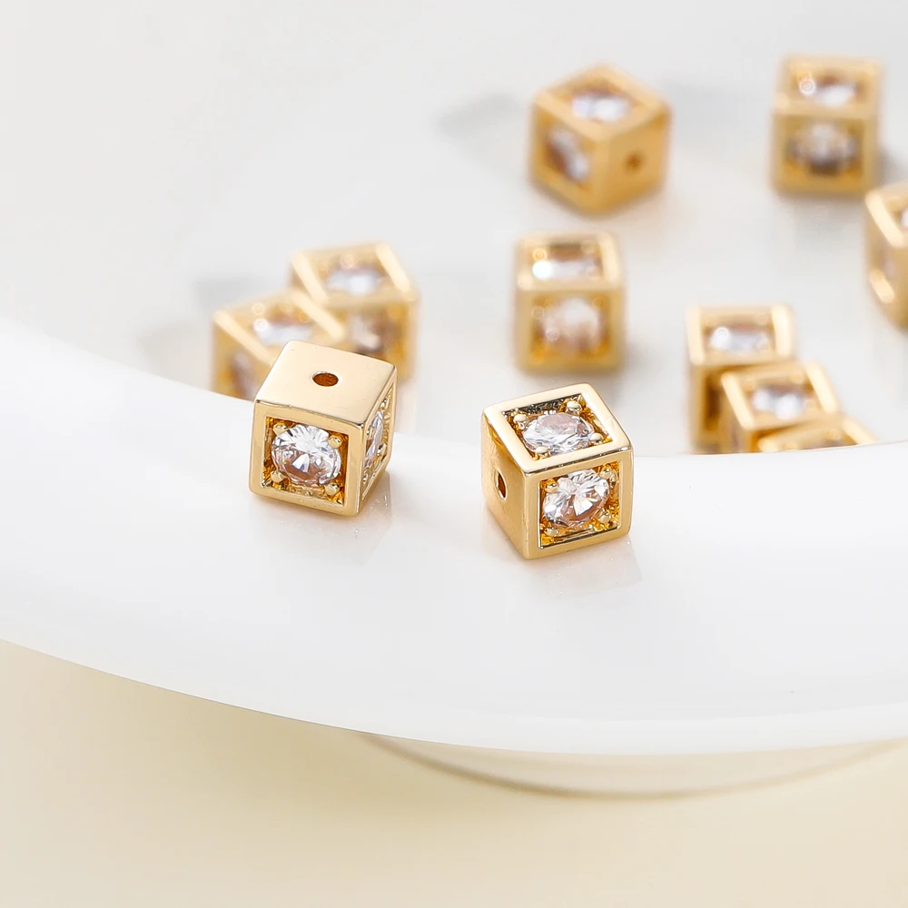 4pcs 18K Gold Plated Square Zircon Rhinestone Brass Spacer Beads Pendants Bracelet Loose Beads For DIY Jewelry Making Supplies