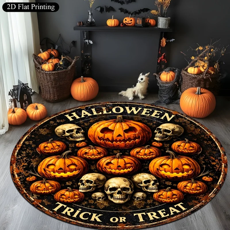 Vintage Pumpkin Skull Halloween Round Rug, Trick Or Treat Printed Circular Floor Mat, Spooky Indoor Home Decoration