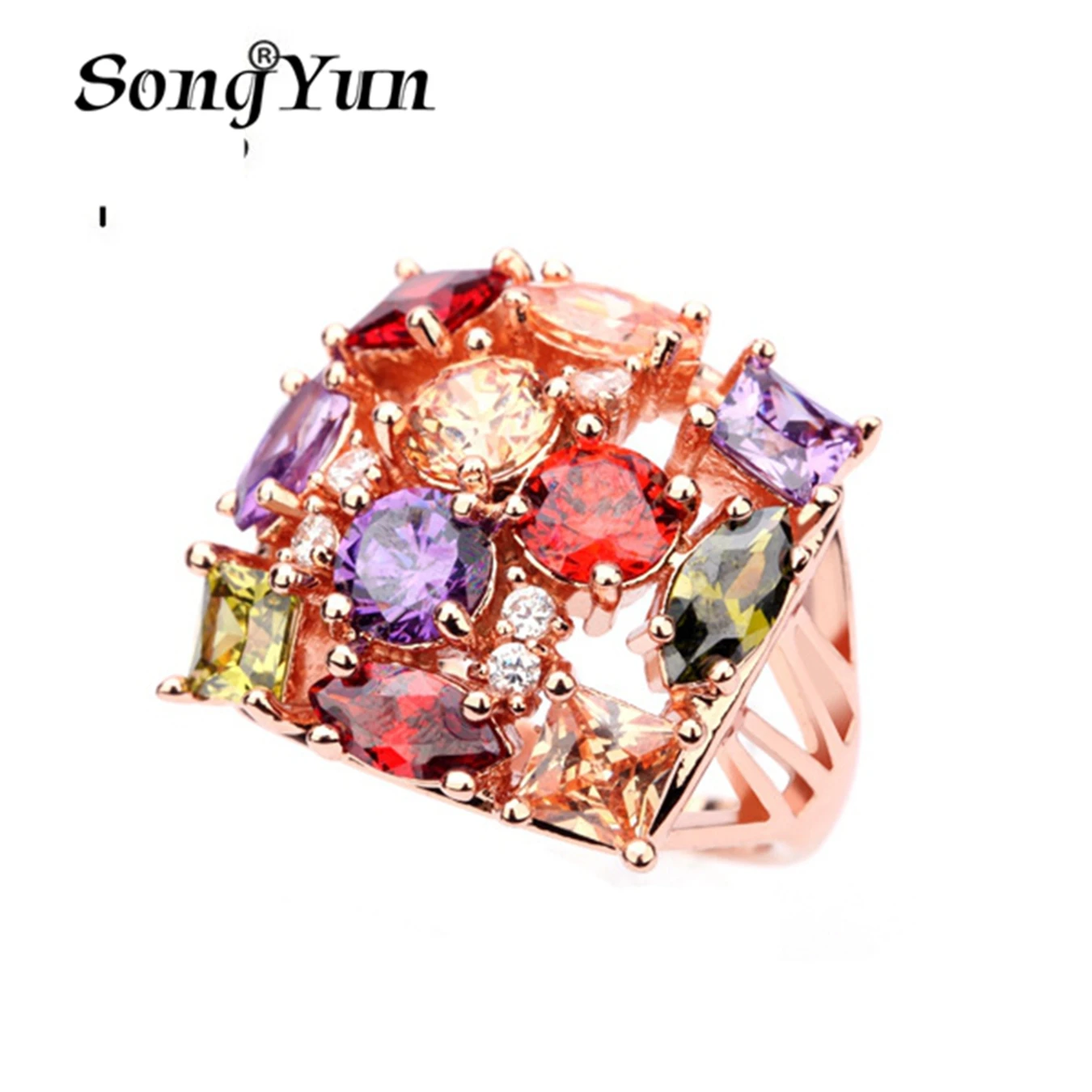 

SongYun Jewelry Manufacturer MHT Luxury Designer Colored Gemstones Rings Women Accessories Brass Crystal Rose Gold Ring Jewelry