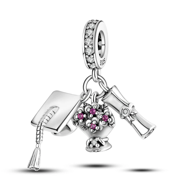 925 Sterling Silver Flower Degree Certificate Pendant Beads Charms Jewelry Fit Original 925 Bracelet For Women DIY Gift Party