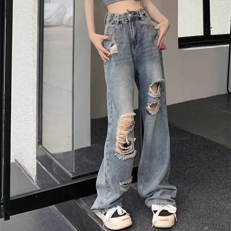 

Streetwear Girls Baggy Ripped Jeans Trousers Women Retro Designer Blue Jeans Pants Female High Waisted Straight Leg Denim Pants