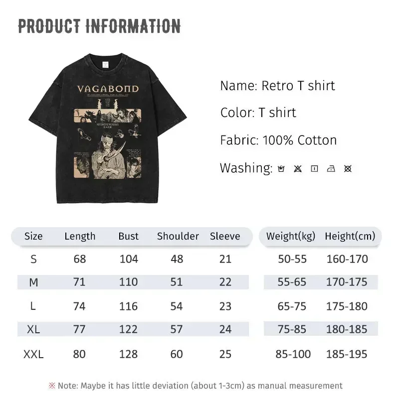 Anime Manga Vagabond T Shirt Musashi Kojirou Matahachi Vintage Washed Tops Tees Oversized Short Sleeve T-shirt Man 100% Cotton