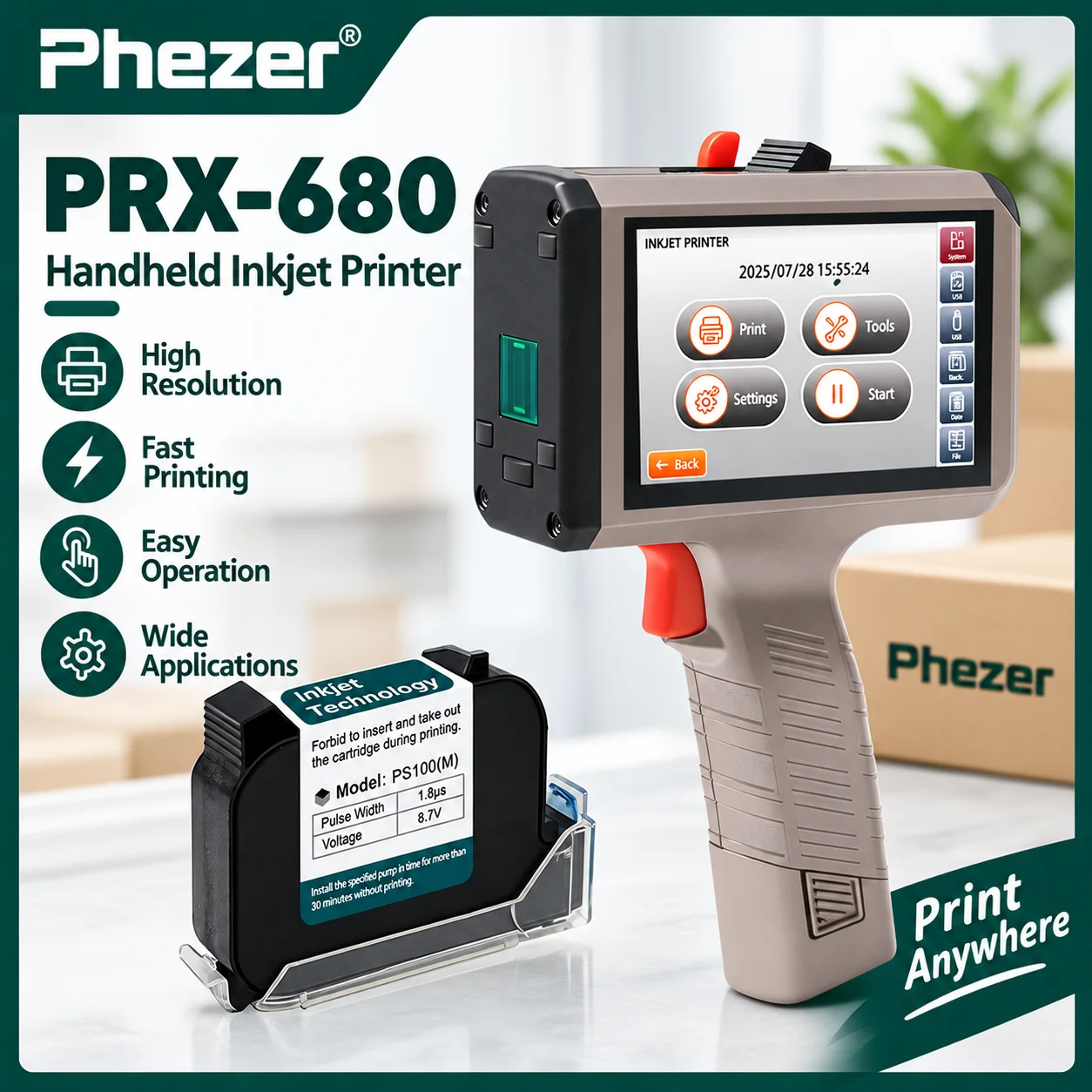 Phezer 12.7mm Handheld Inkjet Printer Quick Dry Batch Code Printer Gun 28 Languages Coding Machine QR Barcode Logo Expiry Date