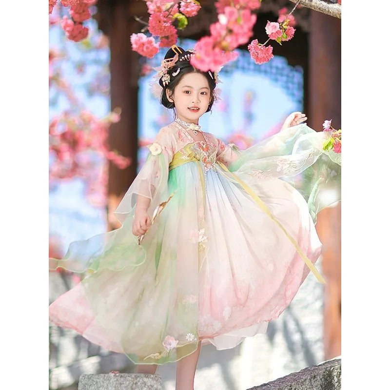 Spring and summer girls pink and green chest-length skirt, national style embroidered super immortal ancient Chinese style dress
