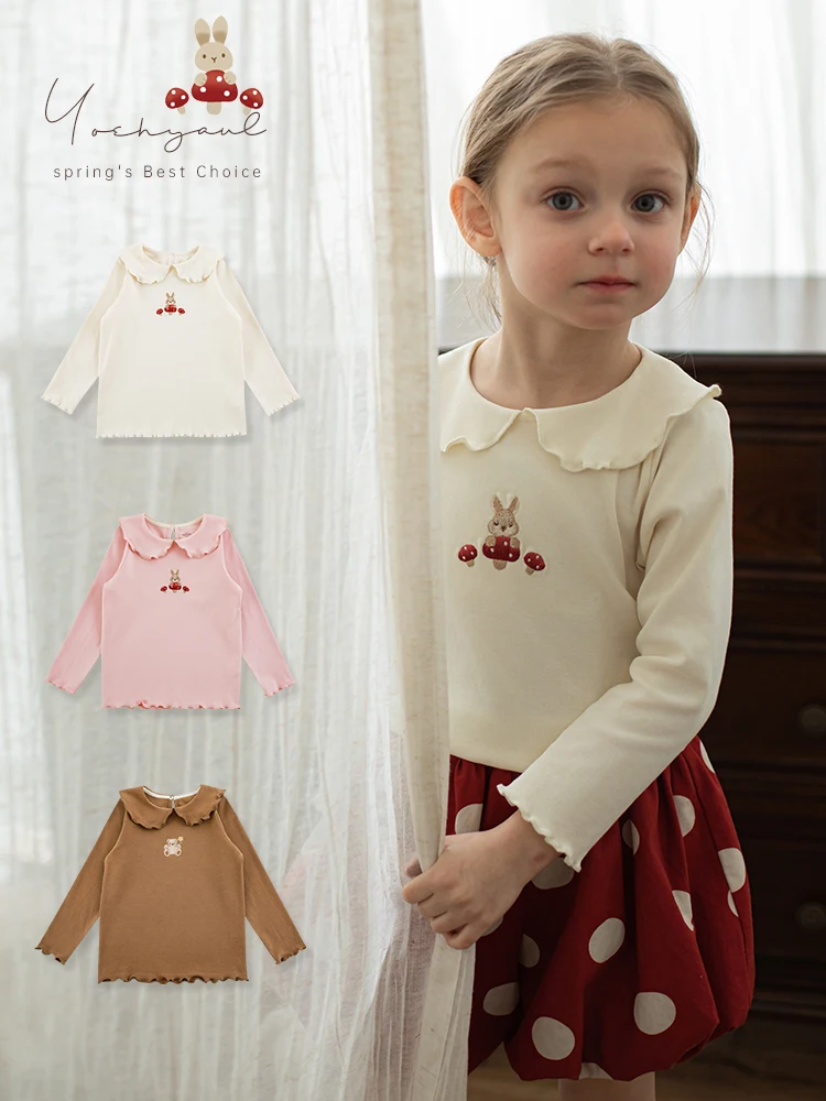 Girl's Embroidered Bottom Shirt Spring 2024 Children's Playful Cute Wave Casual Top Trend