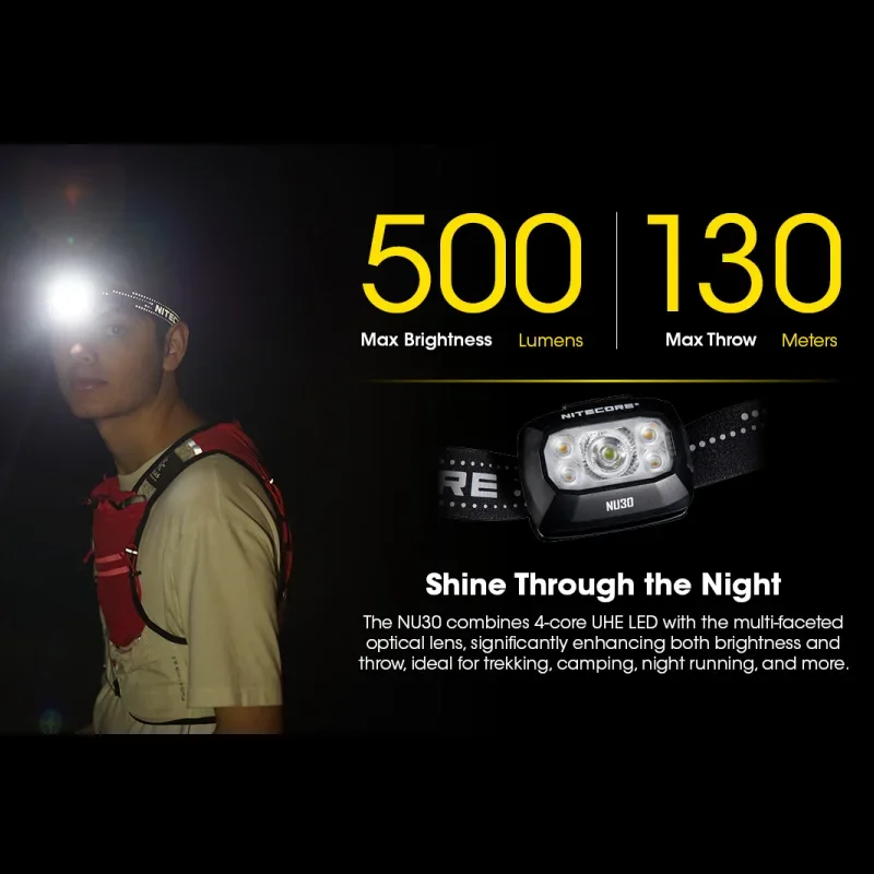 Nitecore NU30 Rechargeable Lightweight Headlamp 500Lumens 4-core UHE LED Waterproof Headlight Incldue Battery