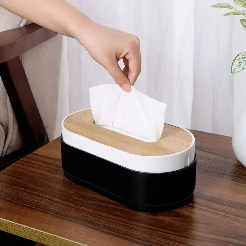 Tissue Box with Bamboo Cover Napkin Holder Home Storage Boxes Dispenser Case Office Organizer for Toilet Bathroom Bedroom