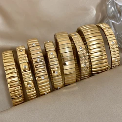 Gold Color Stainless Steel Elastic Bracelet Bangle for Women Rhinestones Wide Bracelet Classic Watch Chain Waterproof Jewelry