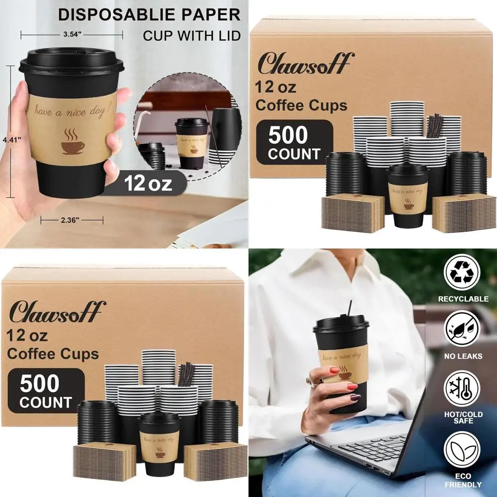 

Одноразовые бумажные стаканчики для кофе 12 унций с крышками, втулками и палочками для размешивания для горячих/холодных напитков — идеально подходят для дома, магазина и мероприятий (B)