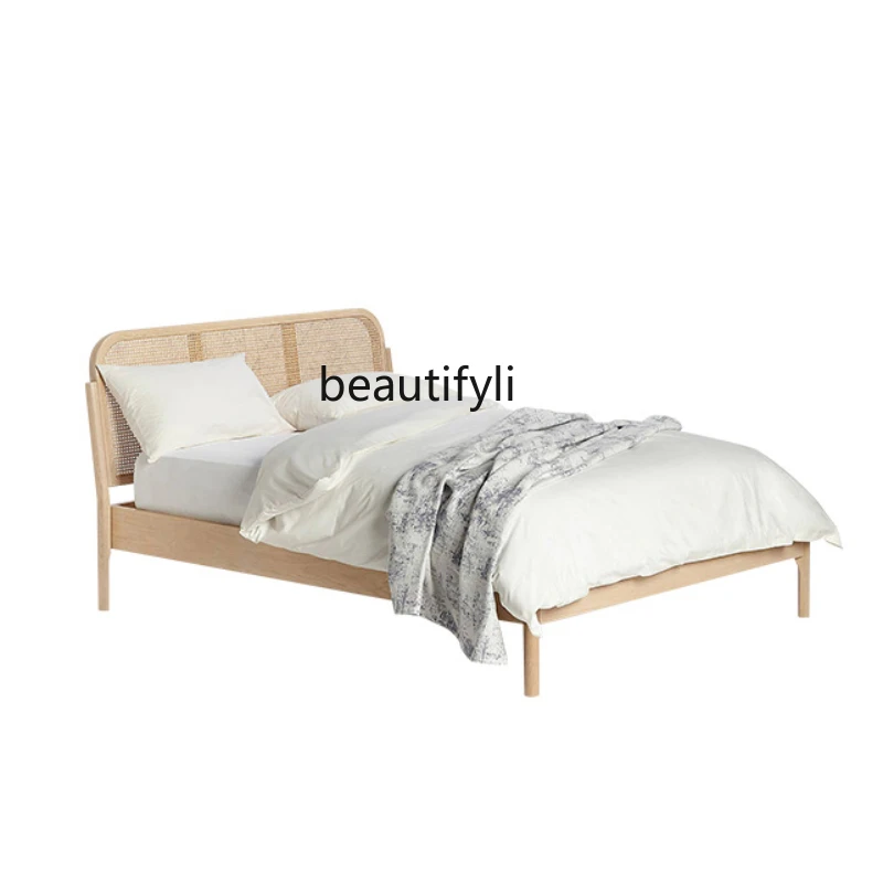 

Rattan Solid Wood Bed Nordic Modern Minimalist Design Bedroom 1.8 Double Bed Apartment Style 1.5