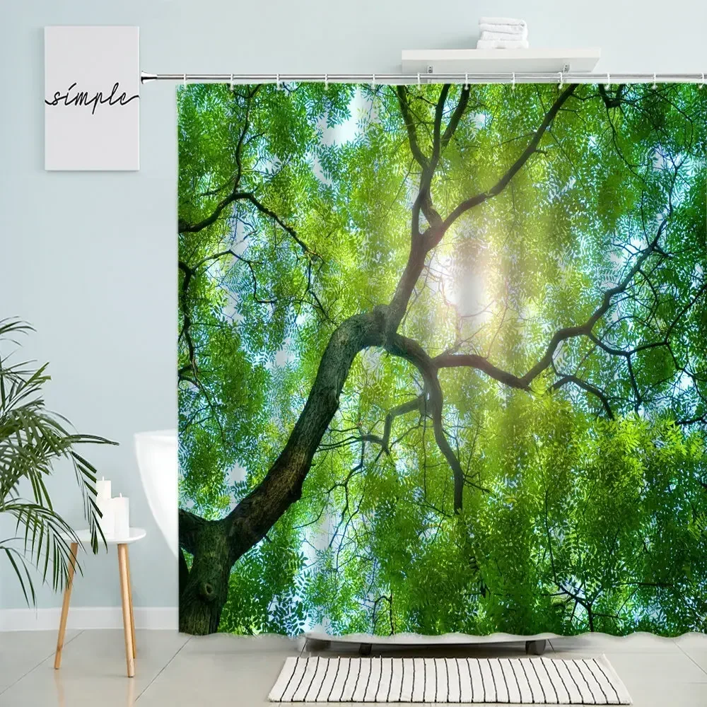 Tree Shower Curtain Forest Branch Plant Leaf Blue Sky Natural Scenery Photography Bathroom Wall Decor With Hook Polyester Screen