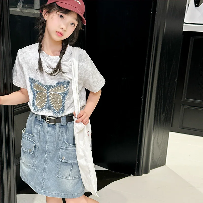 

Girls Suit 2024 Summer New T-shirt Denim Short Skirt Fashion Top and Blue Dress Two-piece Set Korean Simple Style Clothes