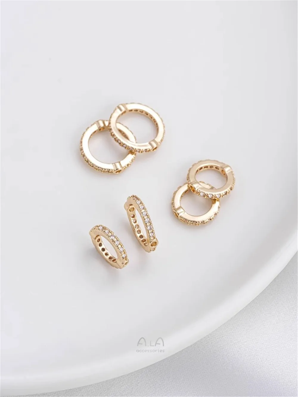 14K Gold-Coated Zircon Anel Set, Anel Bead, DIY String, Pulseira Pérola, Colar, Acessórios Da Jóia, K029