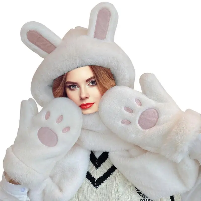 

Scarf 3 In 1 Cute Furry Hat Warm Hooded Scarf Headscarf Neckwarmer Hoodie Hat With Warm Gloves Spirit Ears And Paws