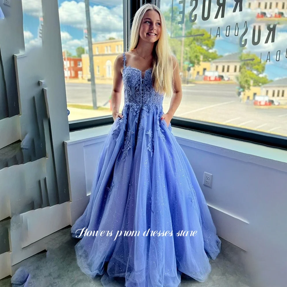

Flowers A Line Prom Dress Applique Lace Evening Dress Lace Up Back Party Dress Princess فساتين مناسvestidos de fiesta Customized