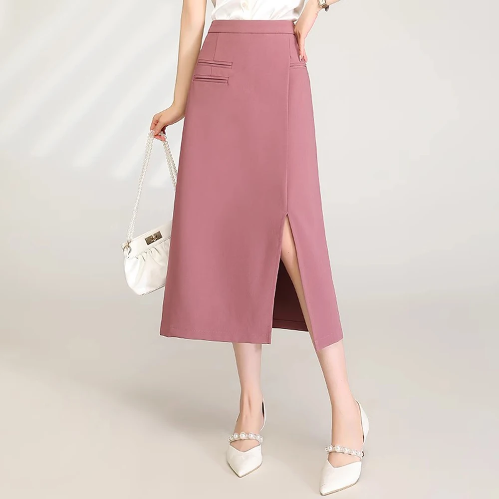 

Korean version of high waisted skirt for women's summer new fashionable large size versatile casual professional slit skirt