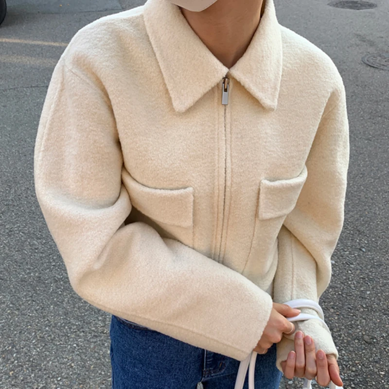 레트로 세련된 가을 겨울 긴 소매 지퍼 더블 포켓 루즈핏 칼라 모직 코트 세련된 다목적 짧은 스타일