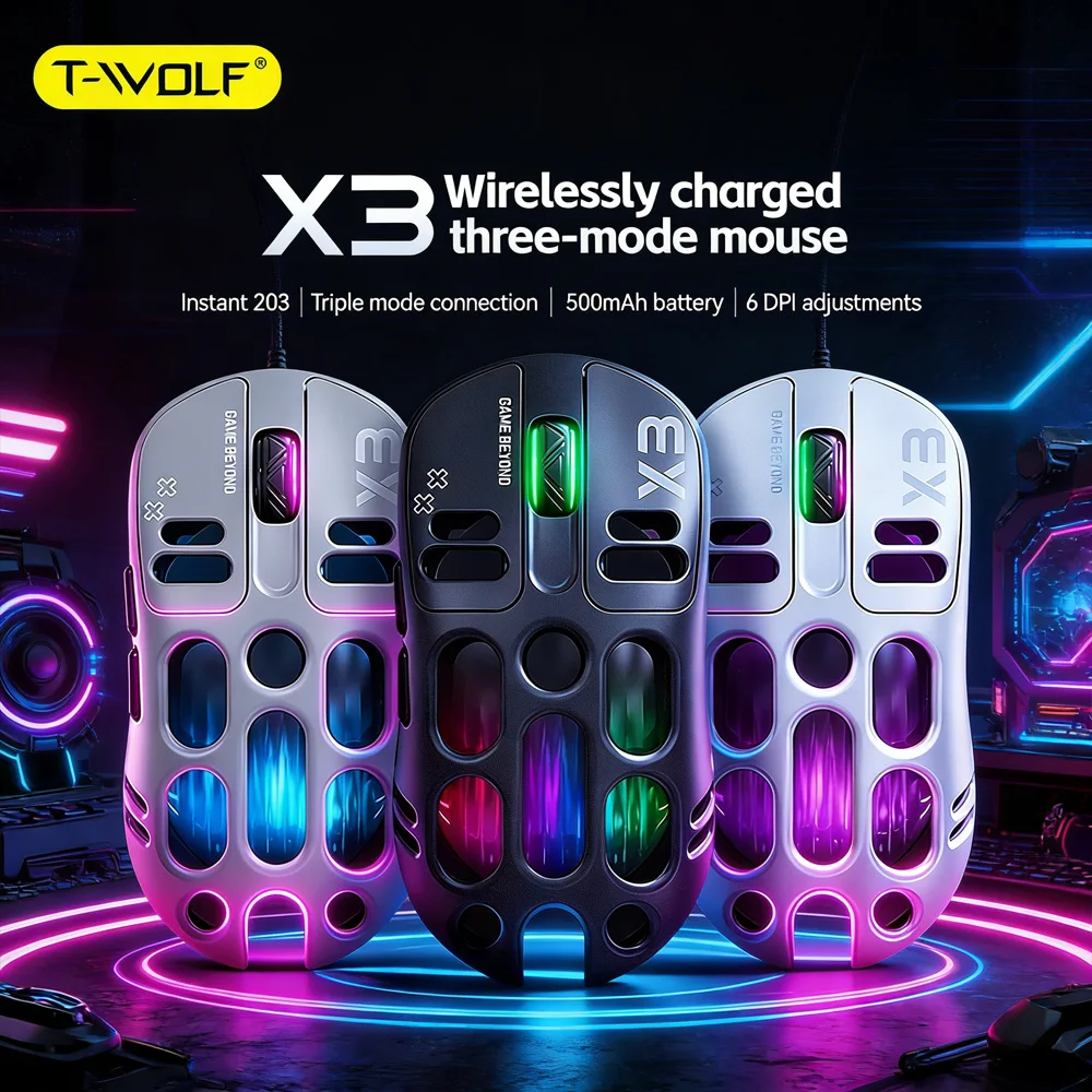 

Gaming Mouse Instant 203 Sensor Tri-Mode Wireless 6 Adjustable DPI 74g Lightweight RGB Breathable Backlight Rechargeable Mouse