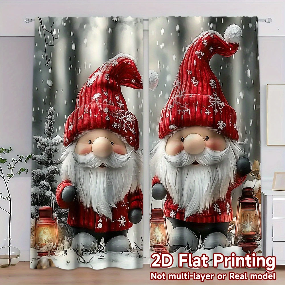 Christmas Gnome Elf Snowy Forest Curtains, Rod Pocket, Polyester, Home Decor, Bedroom Living Room, Holiday Home Decor, Polyester