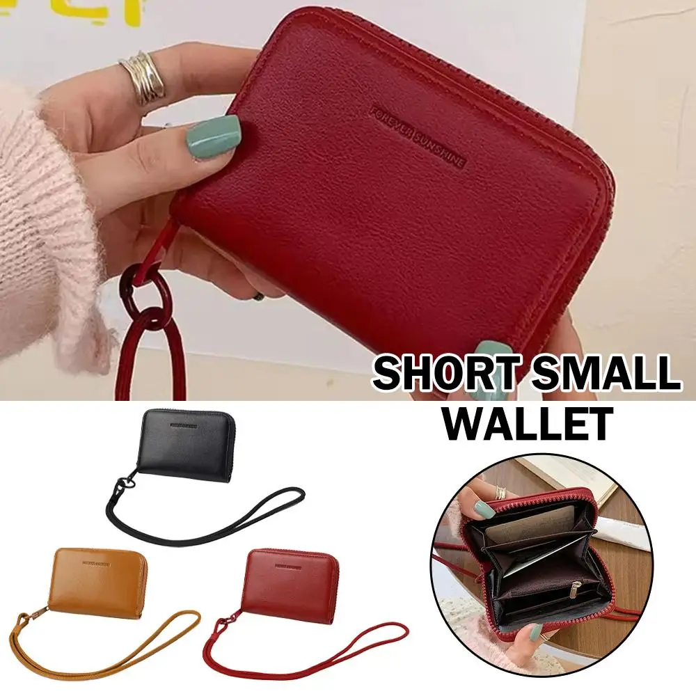 Solid Color PU Leather Zipper Card Storage Bag Neck Lanyard Student Coin Purse ID Holder Pocket Portable Short Purse
