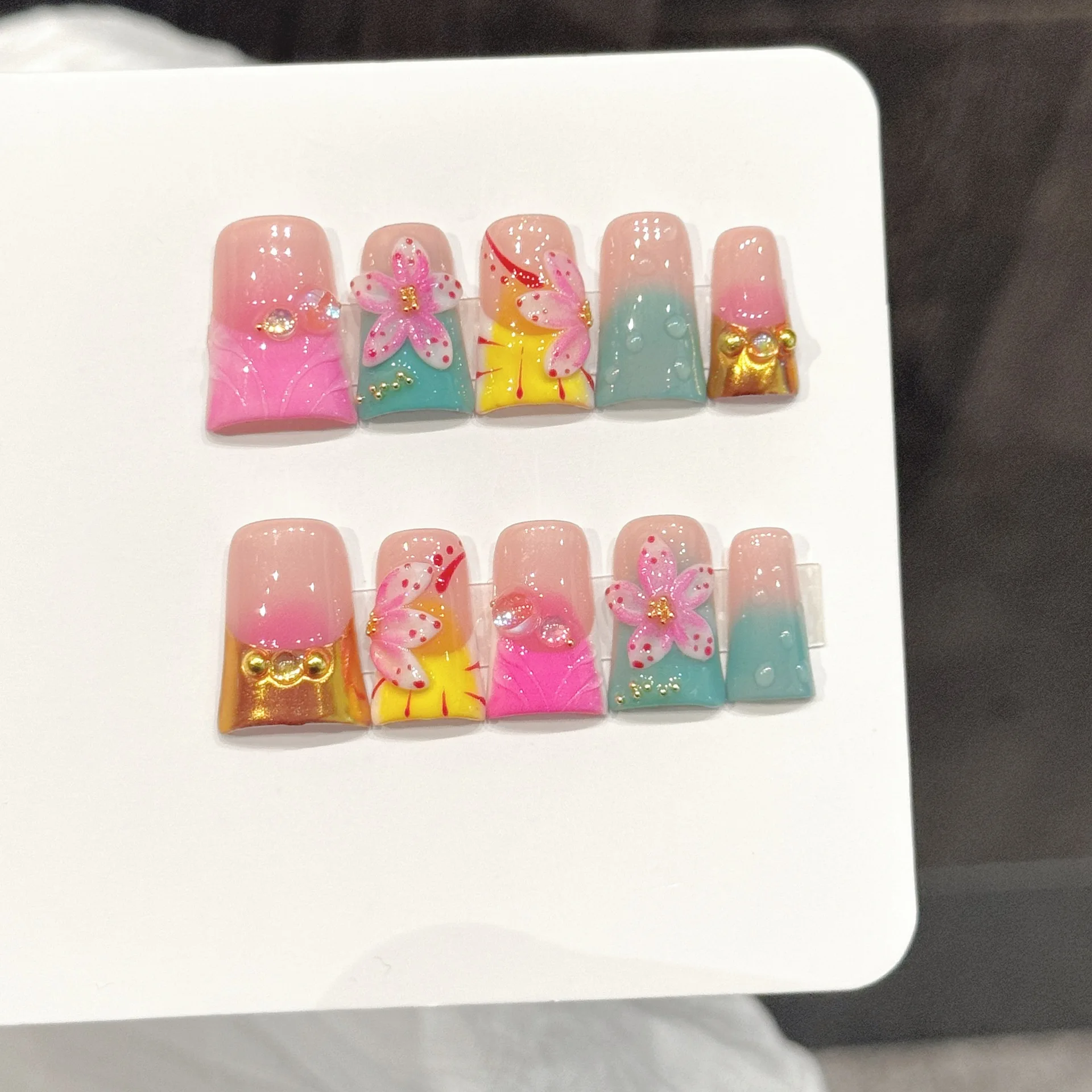 10pcs Hand-carved 3D Sakura Press On Nails Handmade Macaron Gradient French Style Fake Nails Summer DIY Duckbill False Nail