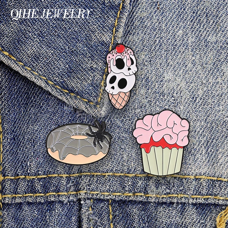 Skull Ice Cream Cone Spider Web Donut Badge Enamel Pin Halloween Spooky Dessert Brain Cupcake Brooch Bag Lapel Badge Jewelry Pin