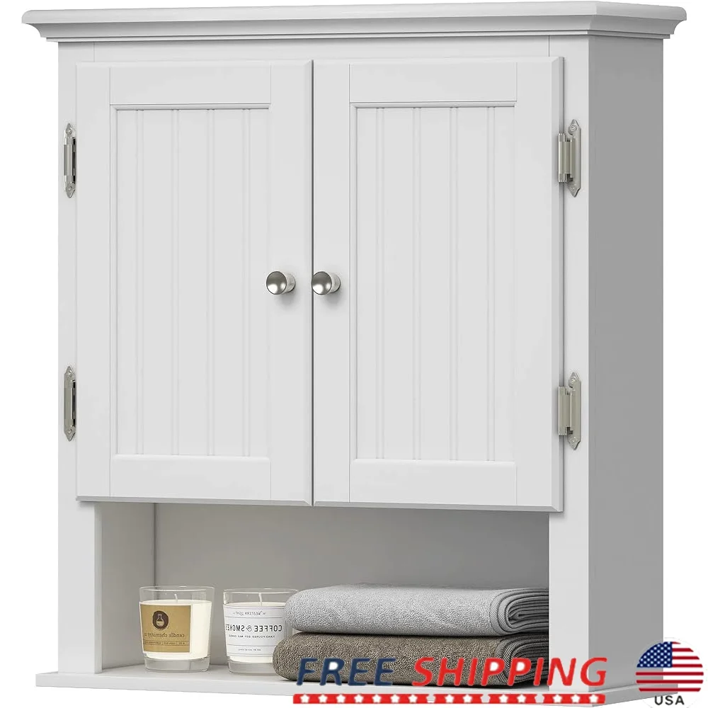 

Wall Mounted Bathroom Cabinet Storage Organizer with Doors and Adjustable Shelves Toilet Space Saver White Wood Cabinet