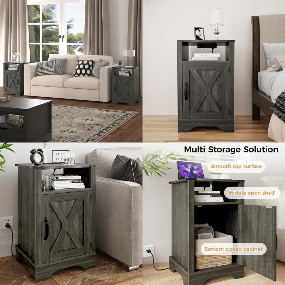 

Grey Rustic Farmhouse Nightstand with Charging, Storage for Bedroom & Home Office