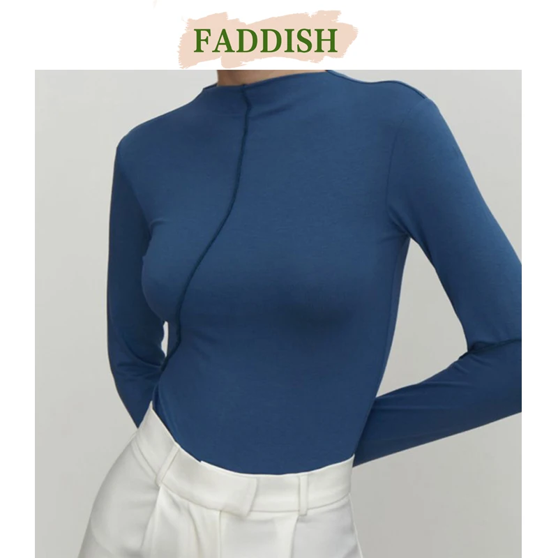 FADDISH-Women's Half Turtleneck Long Sleeve Slim Basic T Shirt, Monochromatic, Casual Pullover, Tee Tops, Female Fashion, 2024