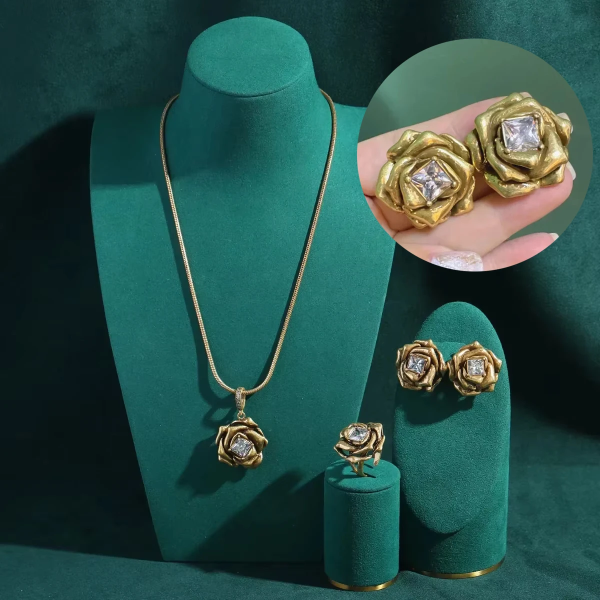 

2024 Romantic French Vintage Jewelry Sets Copper Rose Flower Pendant Necklace Square Cubic Zircon Snake Chain Women Accessories