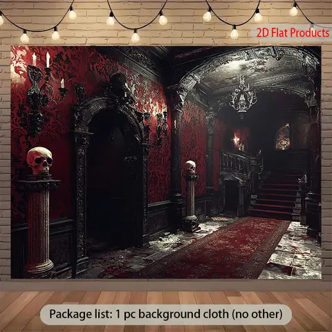Gothic Haunted Mansion Tapestry Wall Mural Decor Background Blood Red Spooky Horror Castle Backdrop Vintage Art Print Luxury Hom