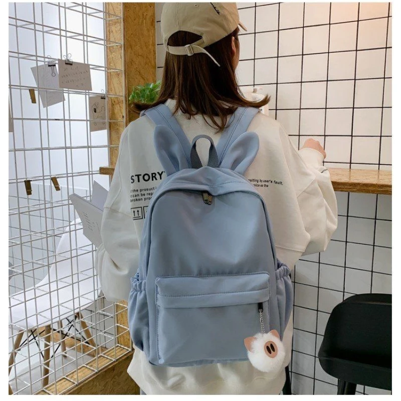 Pink Color Teen School Bag for Girls Backpack Women Bookbags Middle Student Schoolbag Large Black Cute Rabbit Ears Nylon Bagpack