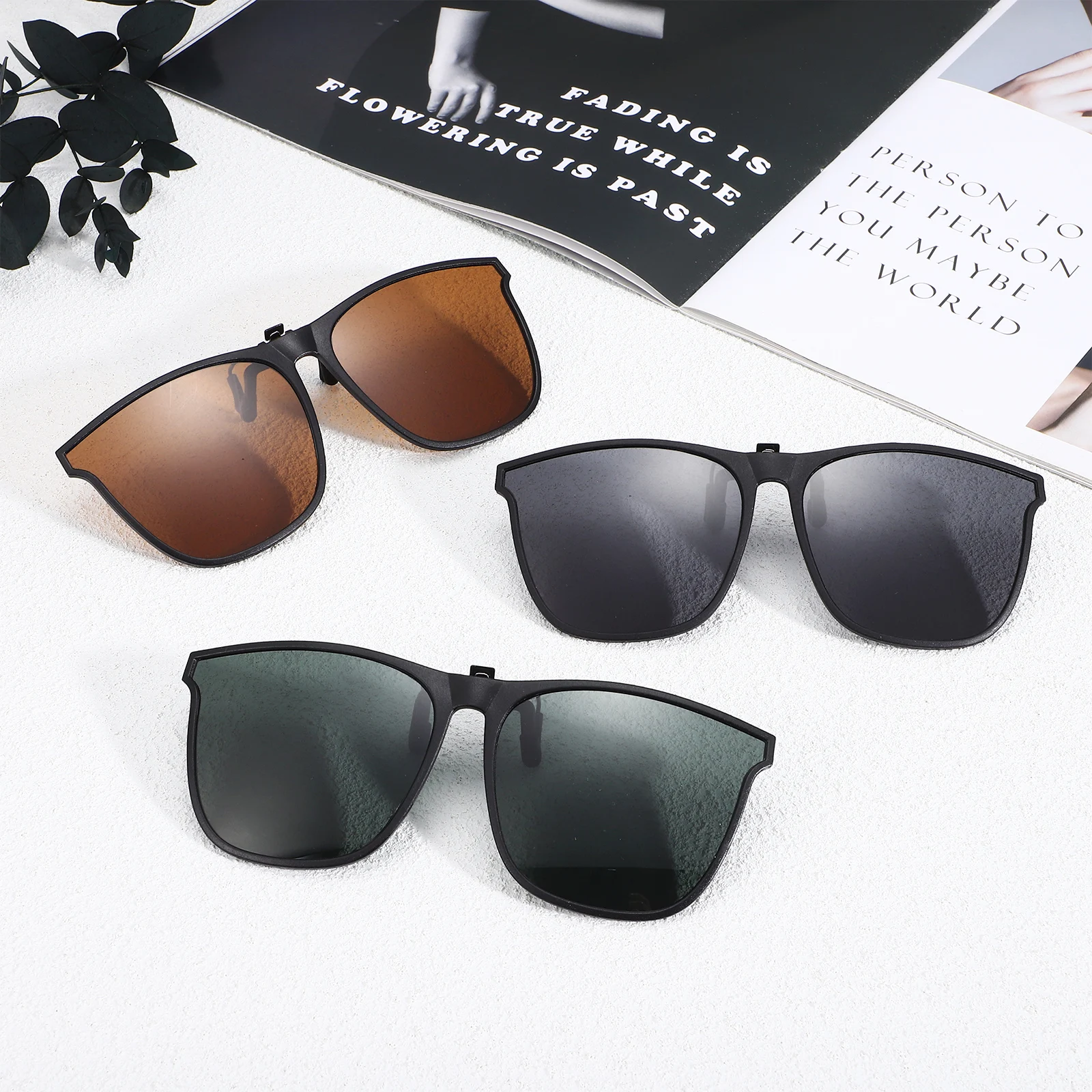 

3 Pairs Polarized Clip on Sunglasses Black Grey Green Large Frame Anti Glare PC Lenses for Glasses Travel Lightweight Sun