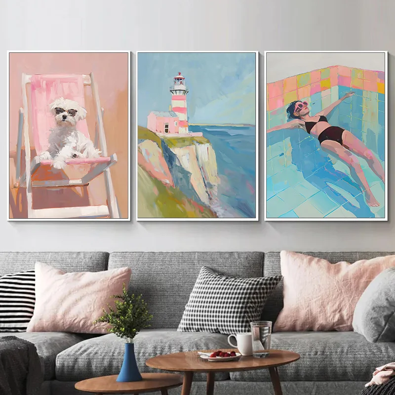 Tropical Beach Palm Tree Sailing Lighthouse Surf Pink Sunset Poster Canvas Paintings Wall Art Picture For Living Room Home Decor
