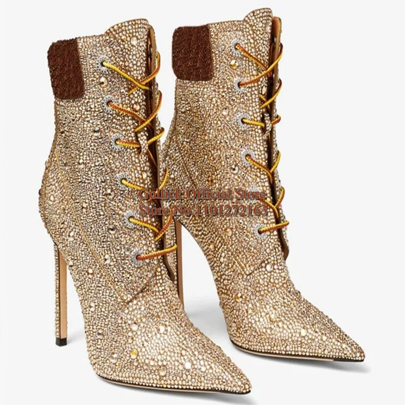 Handmade Crystal Pointed Toe Ankle Boots Mixed Colors Rhinestone Lace Up Lady Banquet Evening Dress Shoes - Image 2