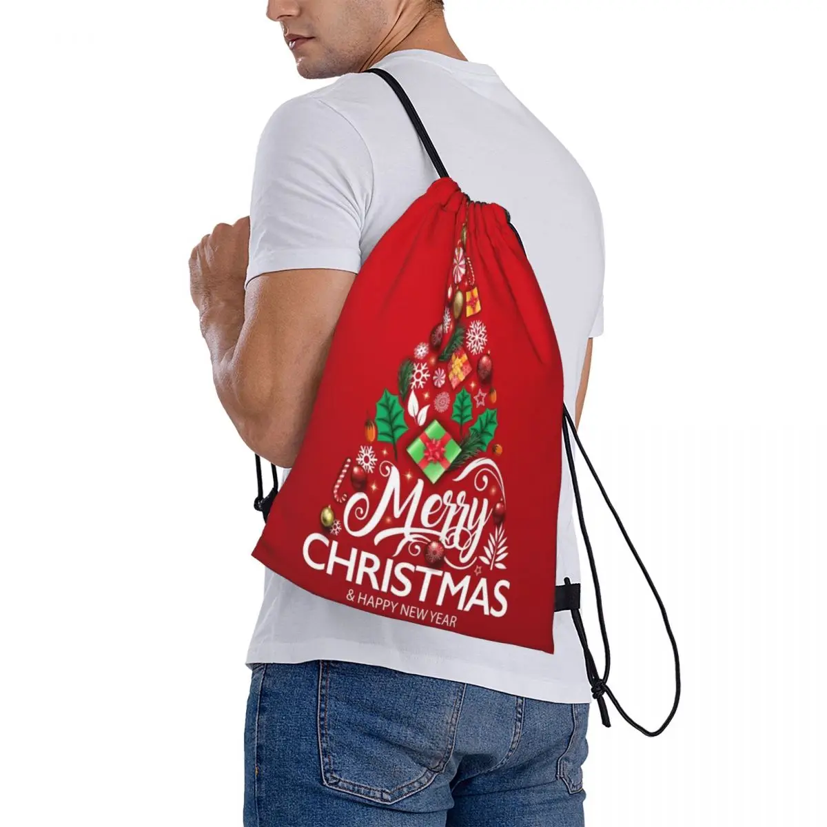 Vrolijk Kerstfeest Santa Claus 2064 Trekkoord Tas Rugzak Schooltas Trendy Schoentas Kids Trekkoord Tas