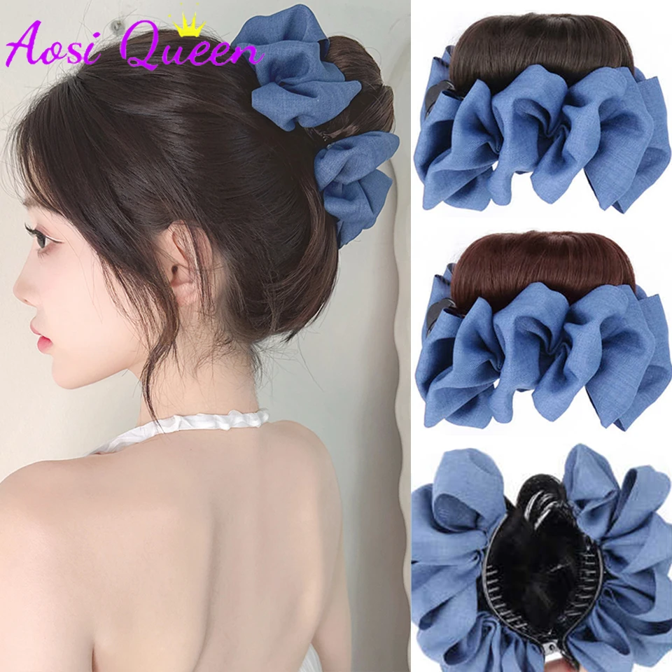 

AOSIQUEEN Synthetic Blue Denim Bow Claw Clip Ball Head Wig Bun To Increase Hair Volume Hair Artifact Flower Bud Ball Head Wig