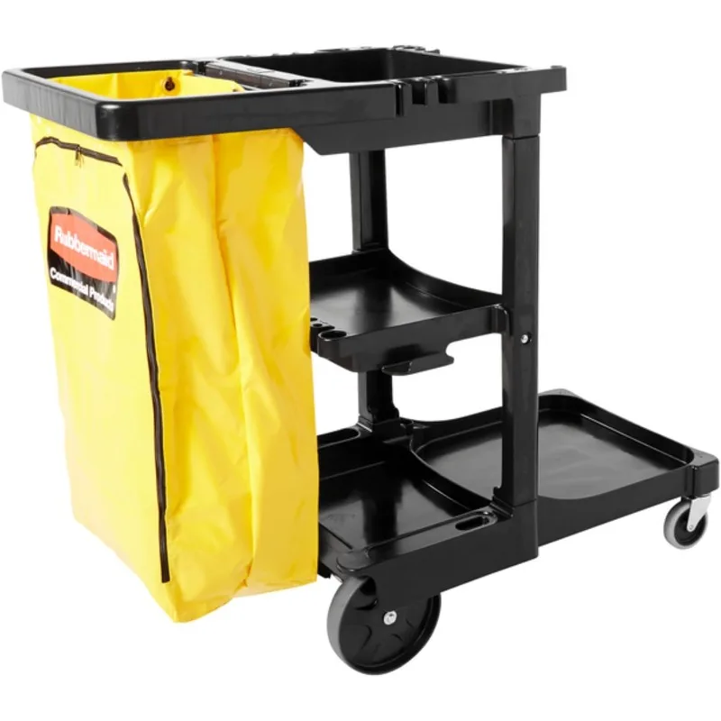 

Rubbermaid Commercial Traditional Janitorial 3-Shelf Cleaning Cart, Wheeled with Zippered Yellow Vinyl Bag, for Business/School