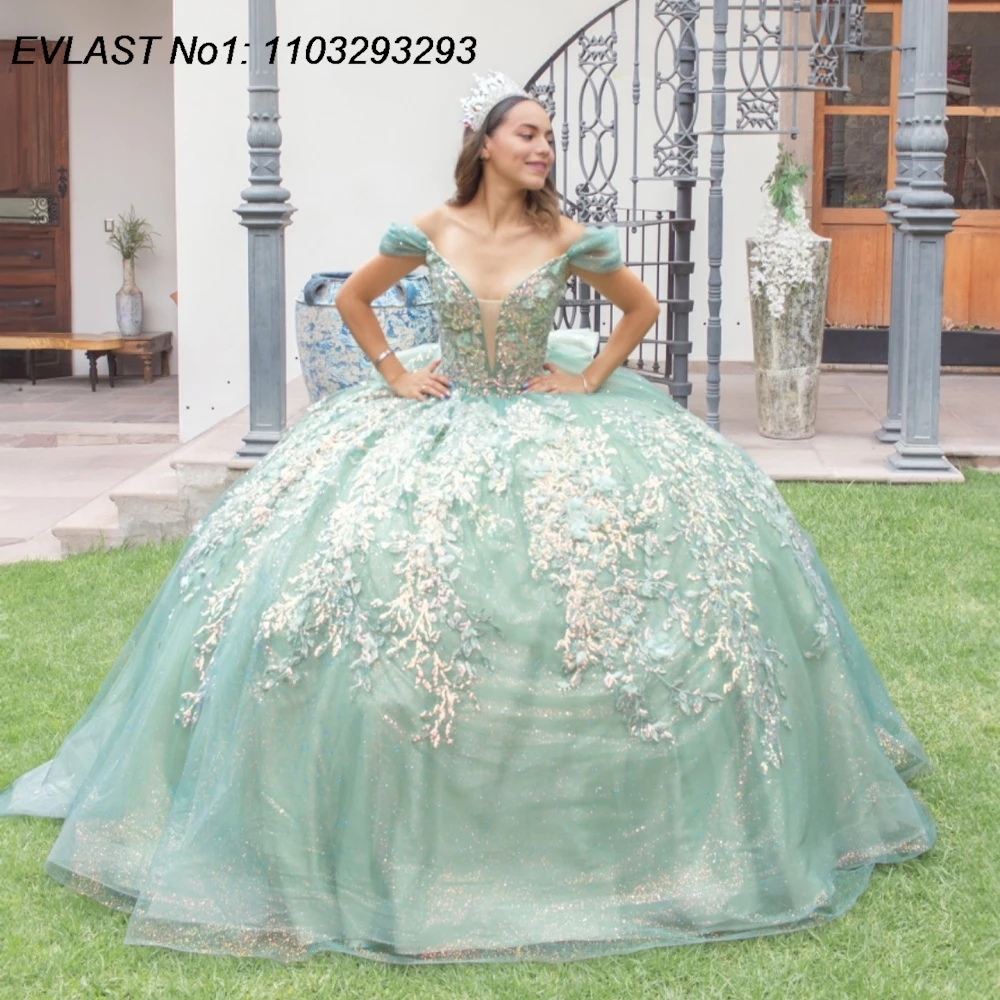 

EVLAST блестящее шалфено-зеленое платье Quinceanera по индивидуальному заказу, бальное платье с кружевной аппликацией и бисером, Sweet 16, Vestidos De 15 Anos E1QN420